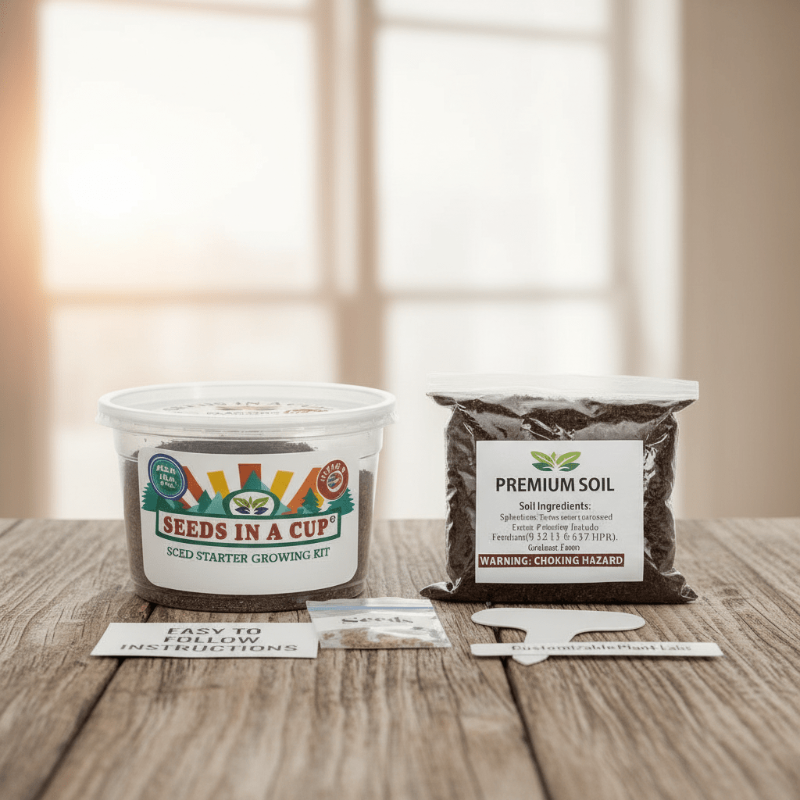 Complete Seeds In A Cup Blackberry growing system: recyclable planter, premium soil, and non-GMO Rubus fruticosus seeds. Indoor seed starter kit manufactured in Cleveland, Ohio, USA.
