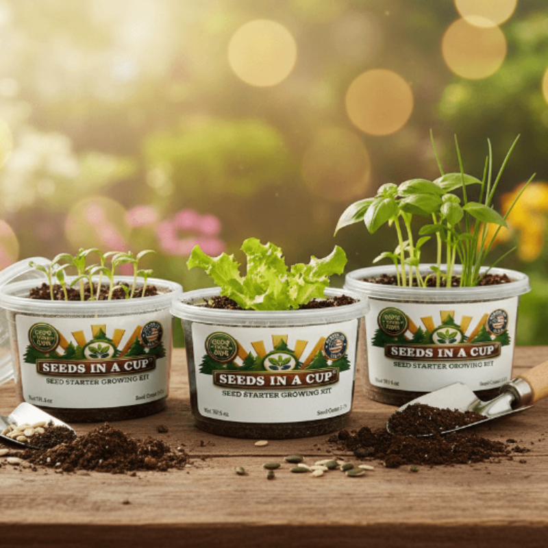 Healthy Japanese Maple (Acer palmatum) seedling growing in a Seeds In A Cup recyclable planter. Demonstrates successful germination using real potting soil and non-GMO seeds.