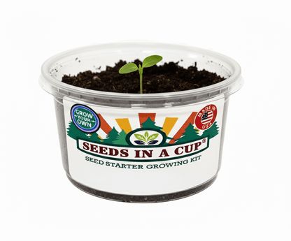 Seeds In A Cup Cucumber grow kit with all included contents: non-GMO seeds, real loose potting soil, recyclable planter, and step-by-step growing instructions. Made in Cleveland, Ohio.