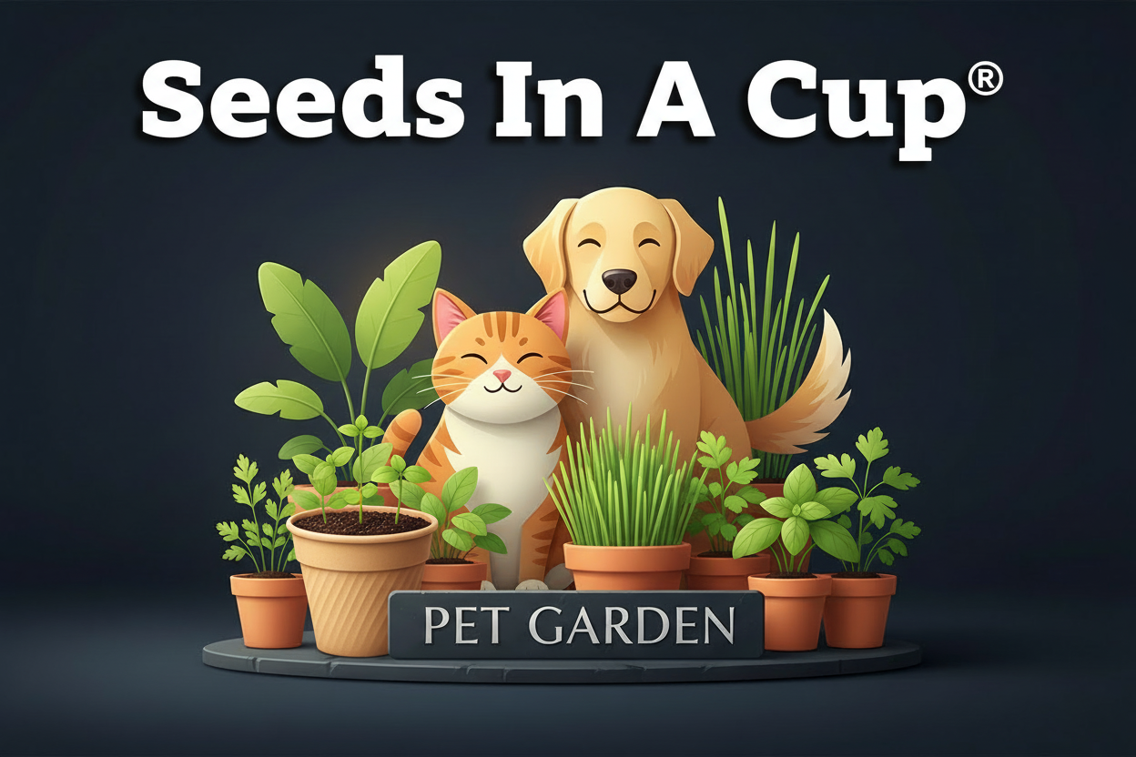 Illustration of a dog and cat surrounded by potted plants with a 'Pet Garden' sign on a dark background for seeds in a cup new product line for cats and dogs.