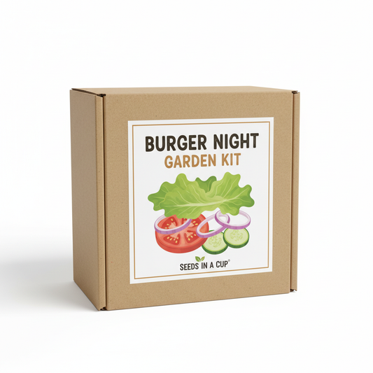 Burger Night Garden Kit - 5x5 kraft box with tomato, lettuce, onion, and cucumber seed growing kit by Seeds In A Cup