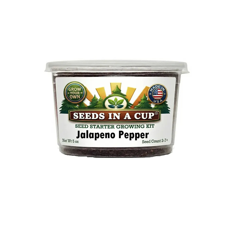 Seeds In A Cup Jalapeno Pepper (Capsicum annuum) Grow Kit - Complete seed starter with recyclable planter, non-GMO seeds, and real potting soil. Hand-assembled in Cleveland, Ohio, USA.