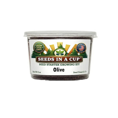 Seeds in a Cup olive seed starter growing kit on a white background