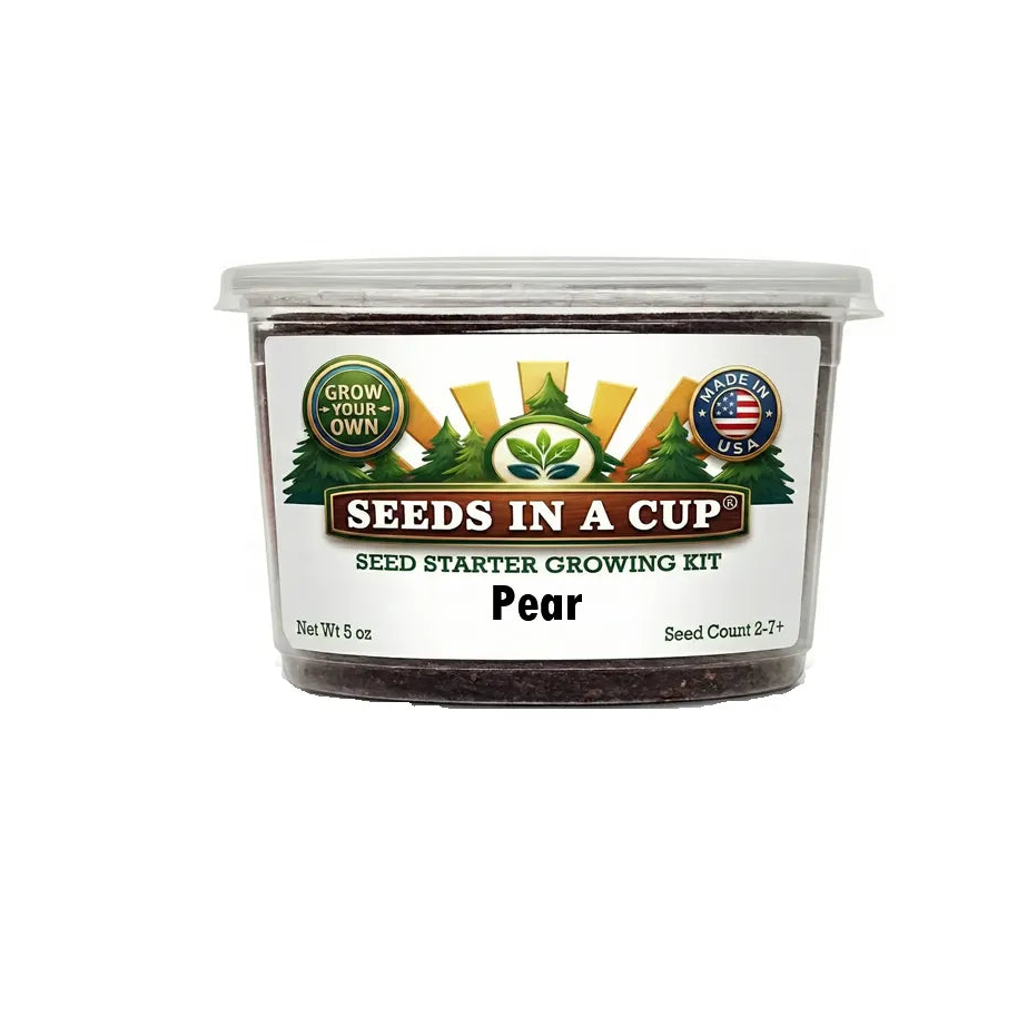 Seeds in a Cup pear seed starter growing kit on a white background