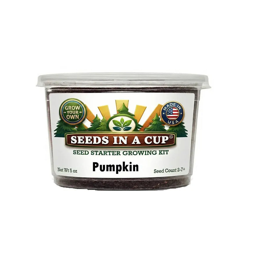 Seeds In A Cup Pumpkin (Cucurbita pepo) Grow Kit - Complete seed starter with recyclable planter, non-GMO seeds, and real potting soil. Hand-assembled in Cleveland, Ohio, USA.