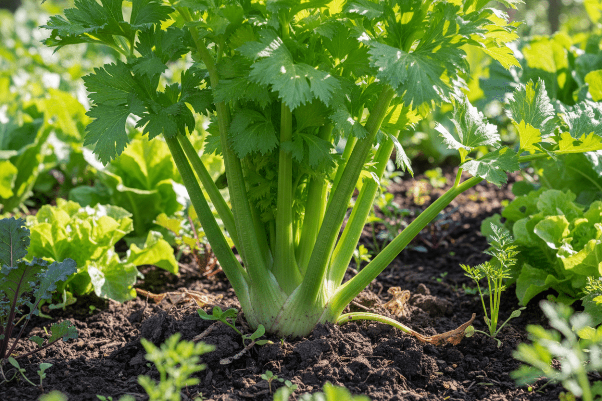 Celery (Apium graveolens) seed starter kit contents: premium non-GMO seeds, nutrient-rich loose potting soil, and recyclable planter with humidity lid by Seeds In A Cup - Made in USA.