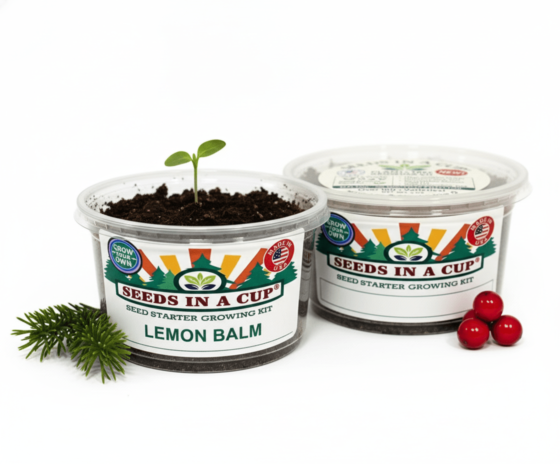 Healthy Lemon Balm (Melissa officinalis) seedling growing in a Seeds In A Cup recyclable planter. Demonstrates successful germination using real potting soil and non-GMO seeds.