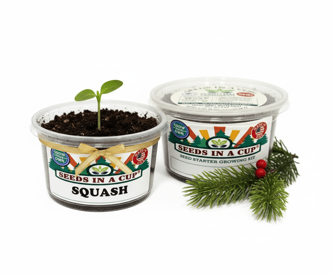 Seeds In A Cup grow kit components displayed: non-GMO seeds, real loose potting soil, recyclable planter with clear humidity lid, and detailed growing instructions.