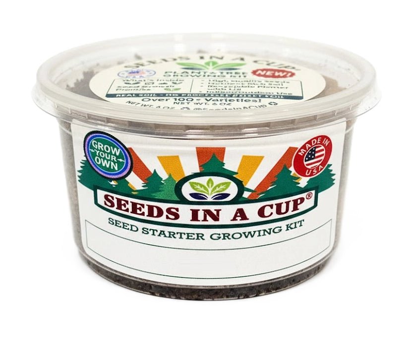 Sunflower (Helianthus annuus) seed starter kit contents: premium non-GMO seeds, nutrient-rich loose potting soil, and recyclable planter with humidity lid by Seeds In A Cup - Made in USA.