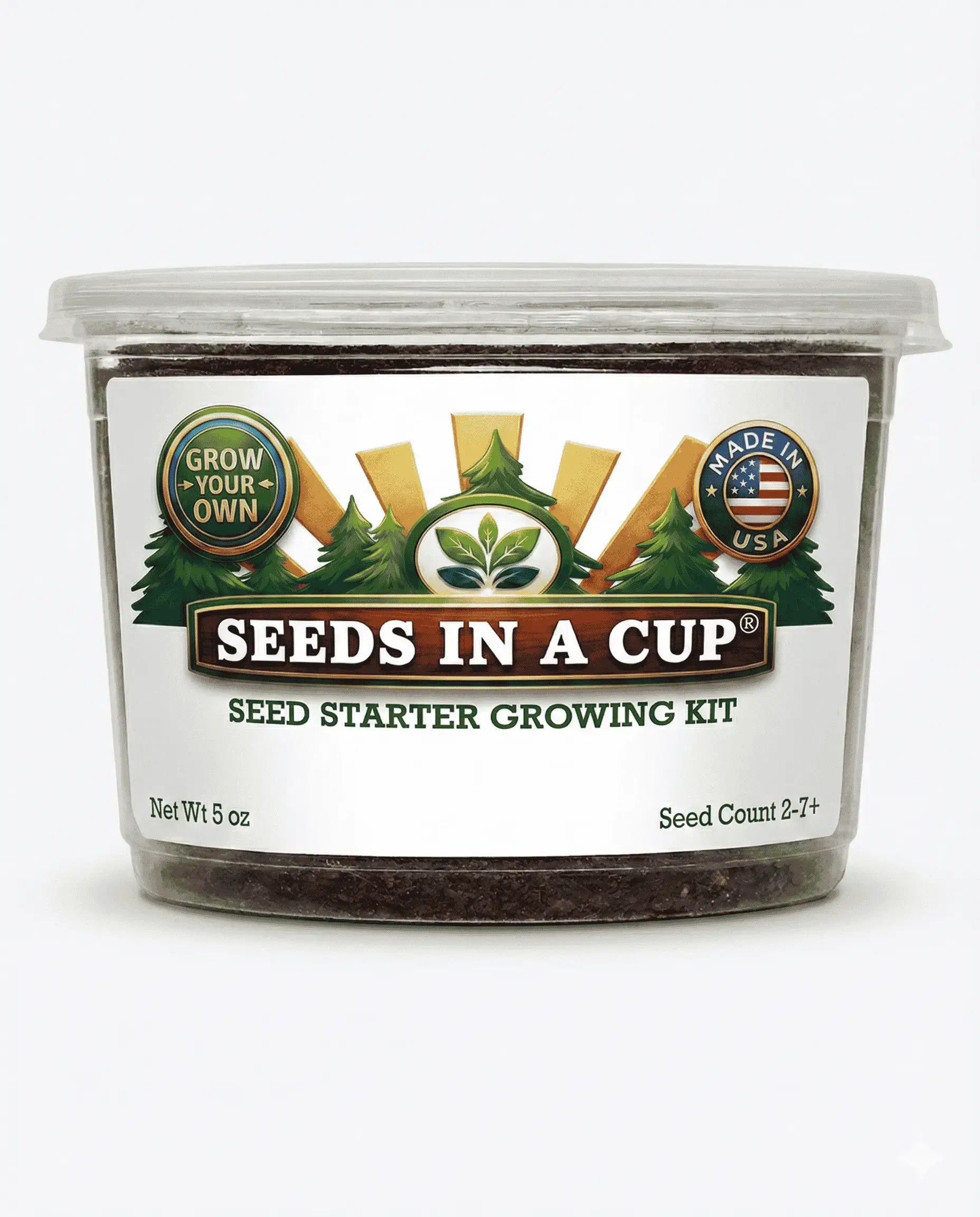 Loofah Sponge Gourd (Luffa aegyptiaca) seed starter kit contents: premium non-GMO seeds, nutrient-rich loose potting soil, and recyclable planter with humidity lid by Seeds In A Cup - Made in USA.