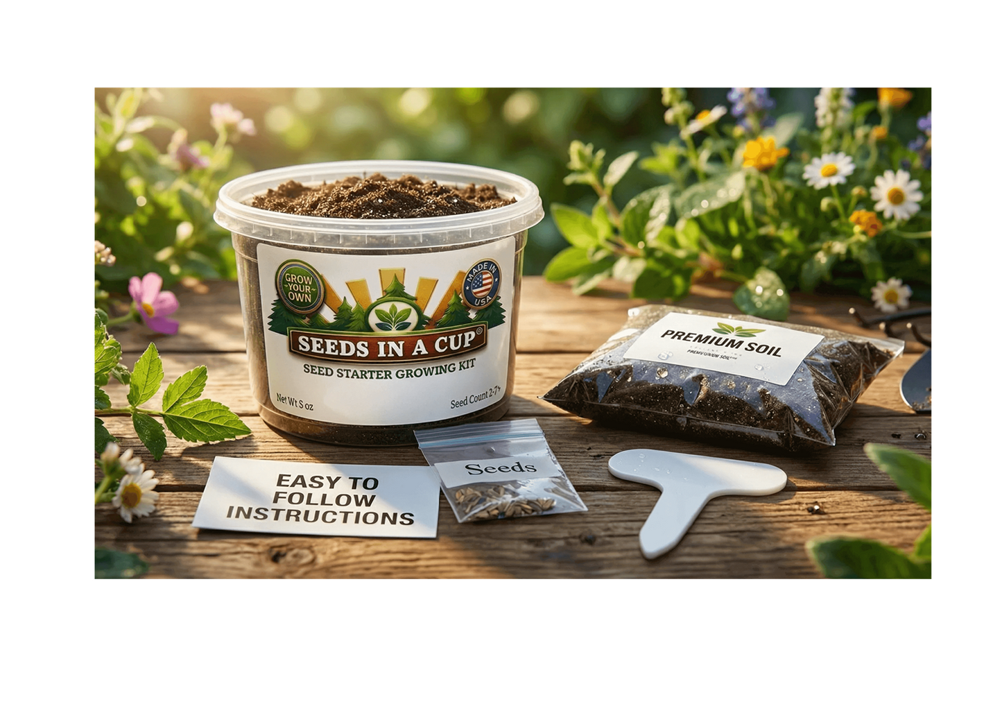 Cauliflower (Brassica oleracea var. botrytis) seed starter kit contents: premium non-GMO seeds, nutrient-rich loose potting soil, and recyclable planter with humidity lid by Seeds In A Cup - Made in USA.