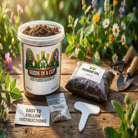 Crepe Myrtle (Lagerstroemia indica) seed starter kit contents: premium non-GMO seeds, nutrient-rich loose potting soil, and recyclable planter with humidity lid by Seeds In A Cup - Made in USA.