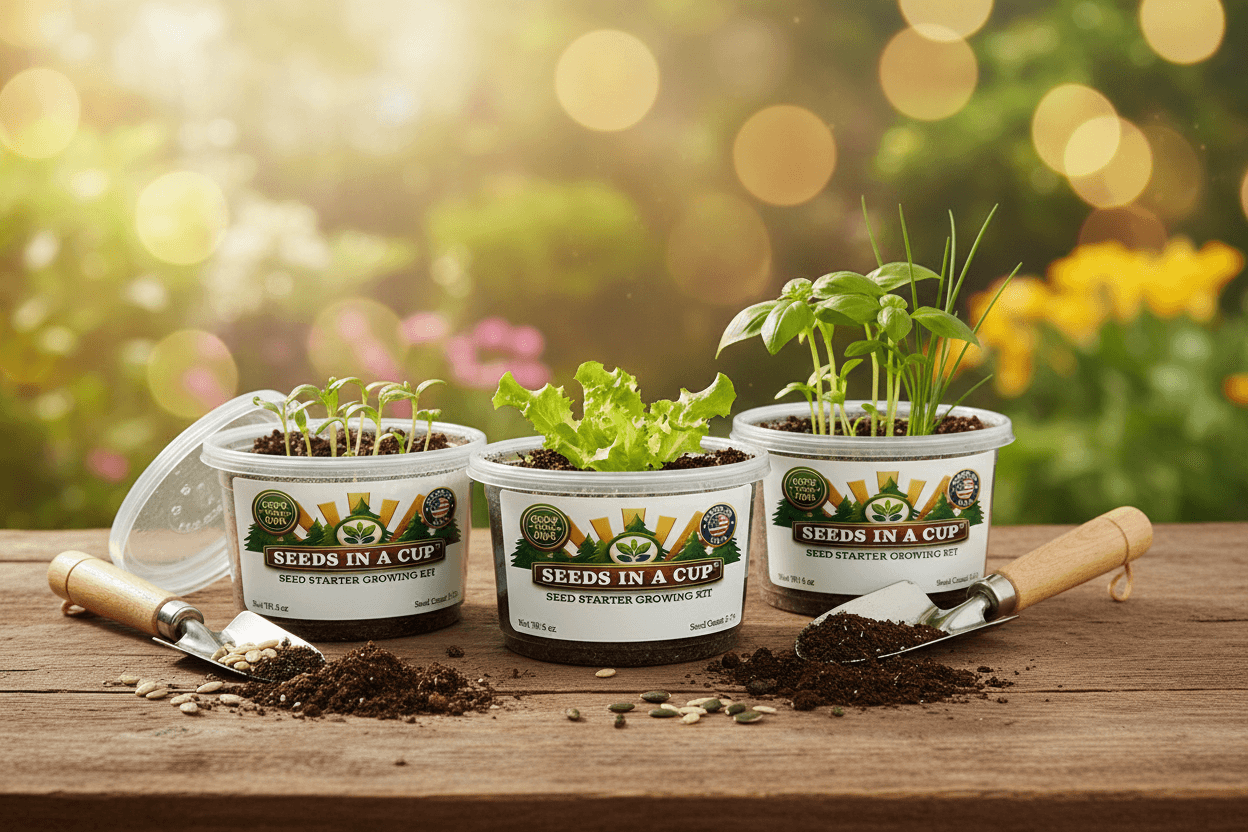 Cucumber (Cucumis sativus) plant thriving after transplant from Seeds In A Cup starter kit. Proof of high germination rates and 100% Growth Guarantee quality.
